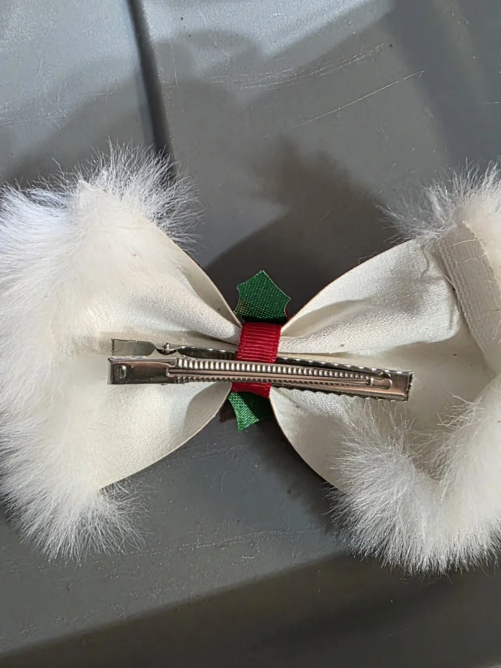 Holiday Red Glitter Bow Hair Clip with White Faux Fur